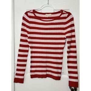 Marled Striped Cable Knit Sweater Women's Size Medium Red Pink Stretchy